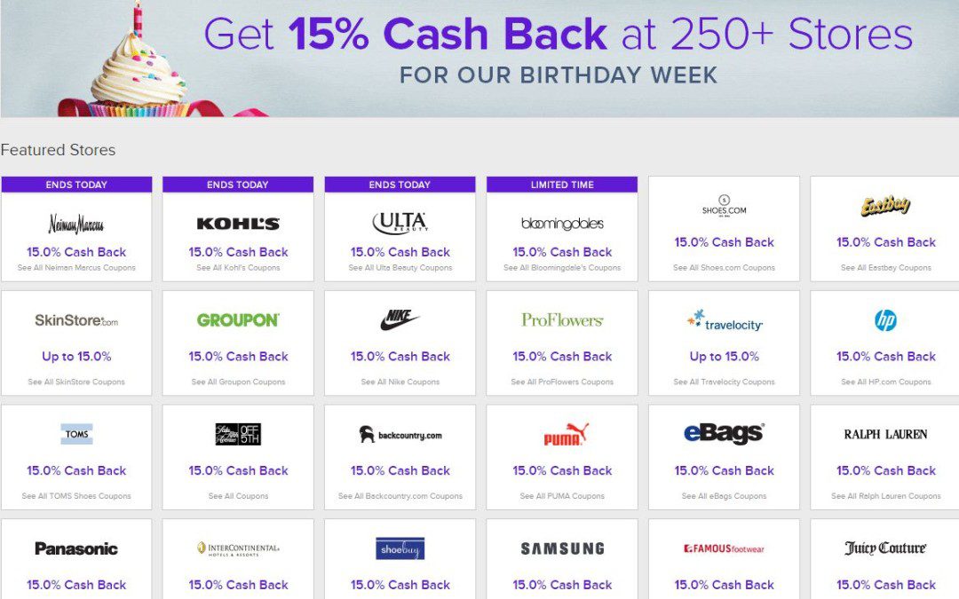 eBates 15% cashback is LIVE!  15% cashback at 250+ stores