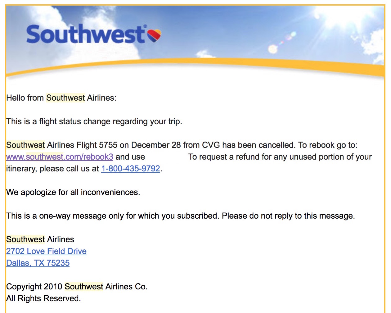 Southwest flight canceled email Points With A Crew