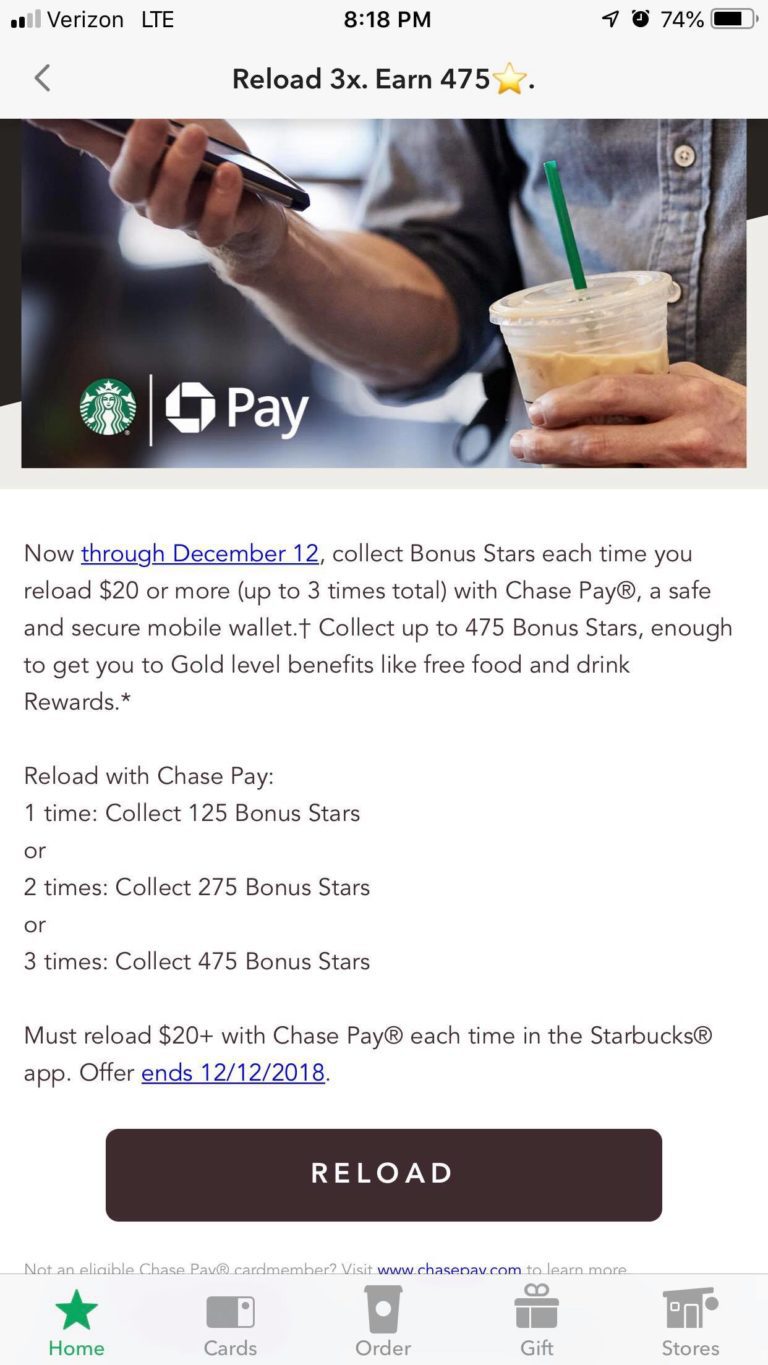 Earn 475 Starbucks Bonus Stars with Chase Pay Points with a Crew