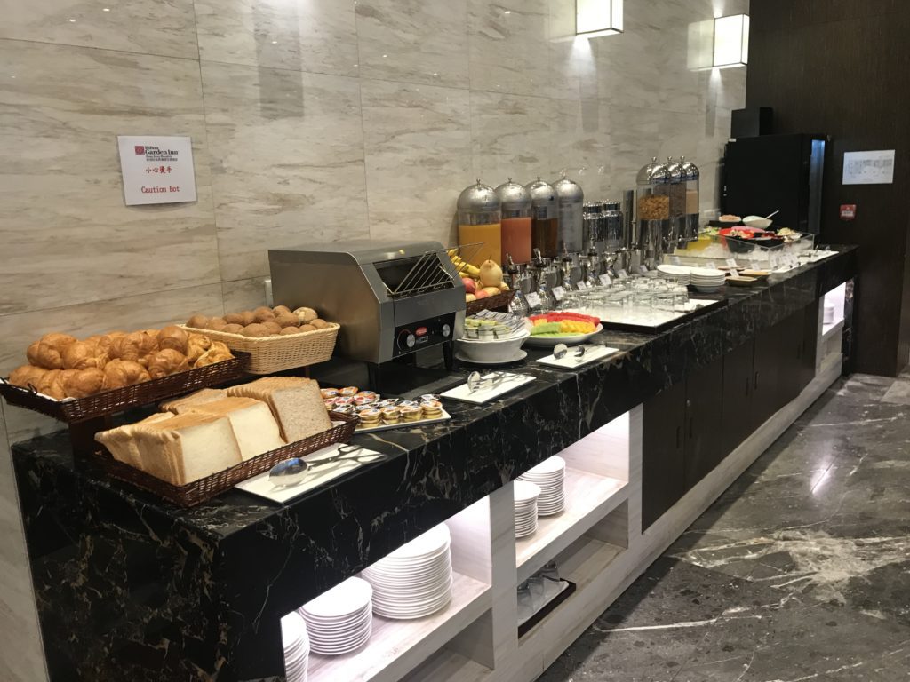 a buffet with food on it