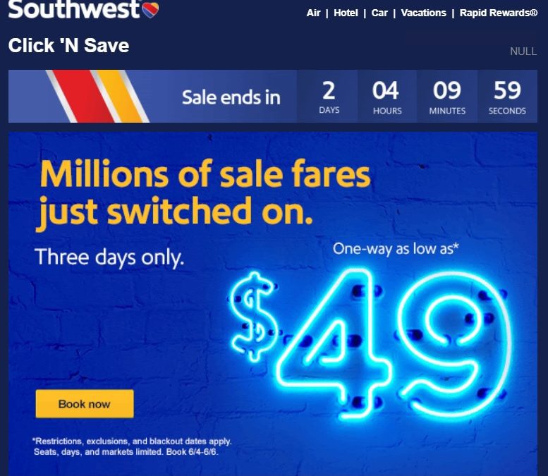 Southwest’s Huge Nation-wide Sale: $49+ One-Way Flights in Summer & Fall