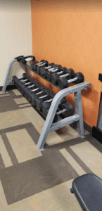 a rack of dumbbells on a carpeted floor