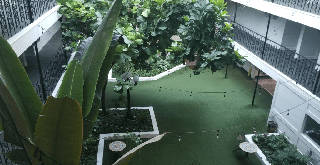 a patio with plants and a balcony