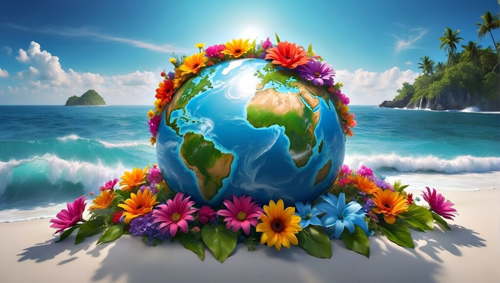 a globe surrounded by flowers