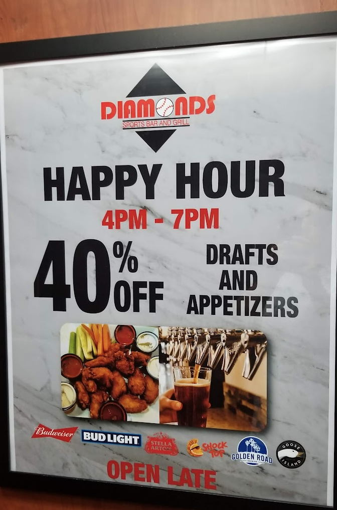 a sign with a picture of food and drinks on it