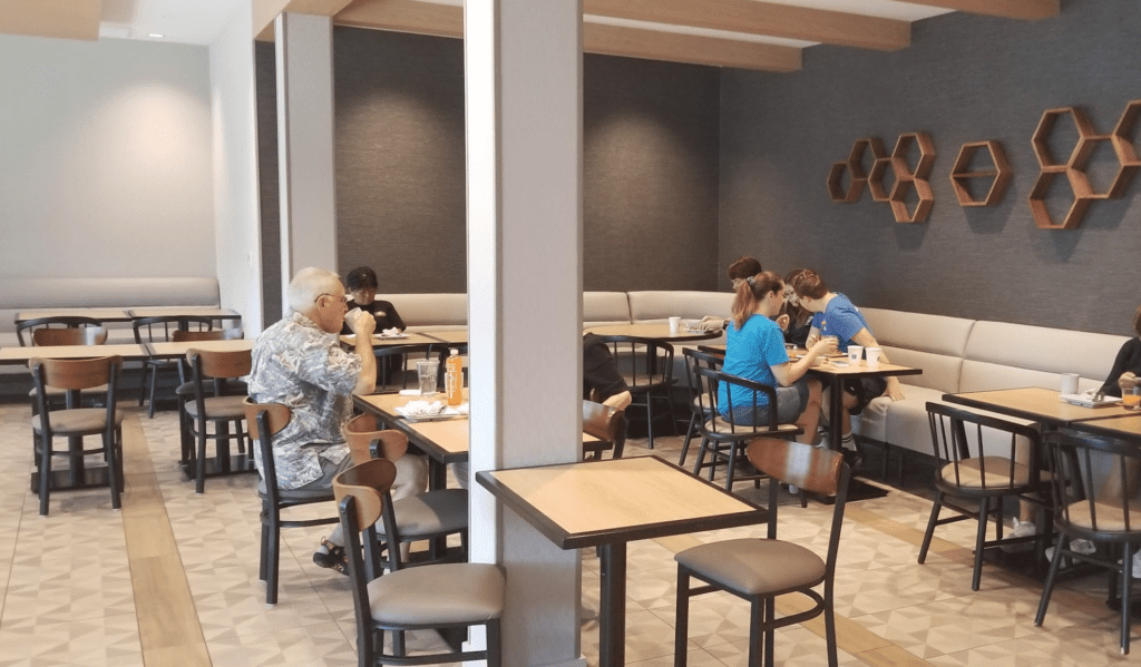 people sitting at tables in a room