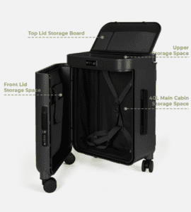 a black suitcase with wheels and text