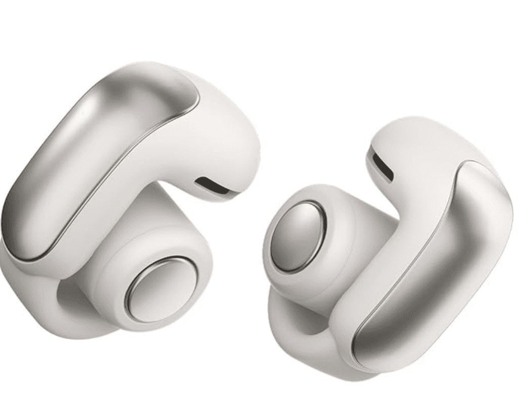 a pair of white wireless earbuds