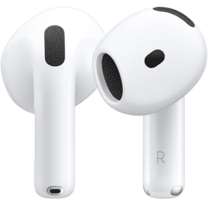 a pair of white earbuds