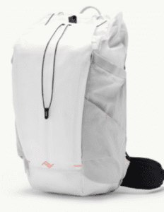 a white backpack with a black strap