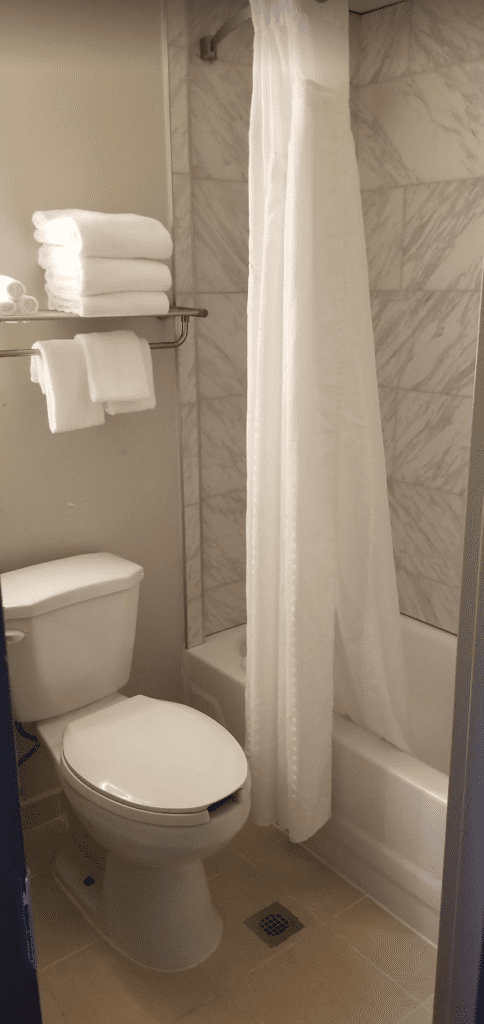 a bathroom with a shower curtain and towels