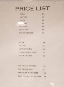 a menu with black text