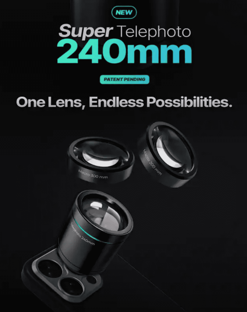 a black camera lens with green and blue text