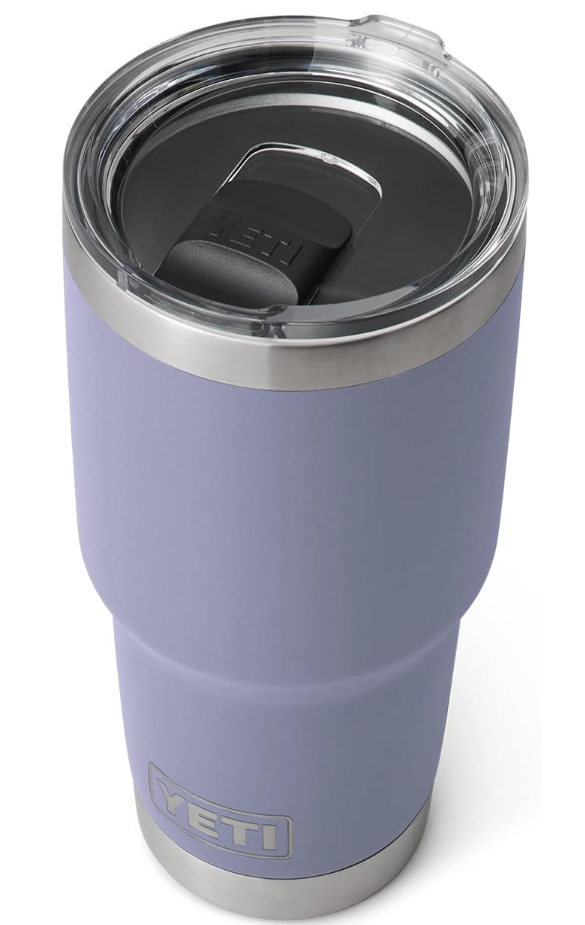 a purple tumbler with a lid