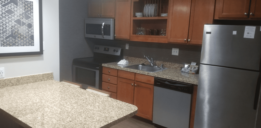 a kitchen with granite countertops and a granite countertop